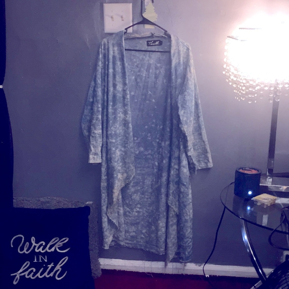 Quarter length Stonewashed long denim  cardigan